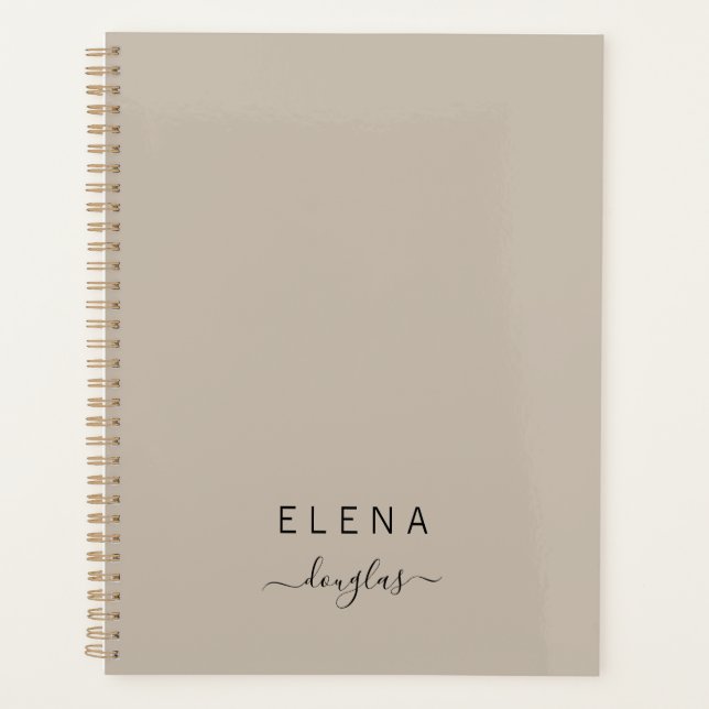 Modern Minimalist Monogram Brown Neutral Script Planner (Front)