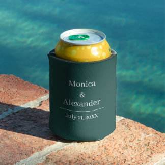 Modern Minimalist Monogram Emerald Green Wedding Can Cooler
