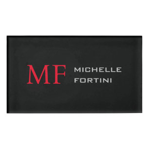 Modern Minimalist Monogram Initial Plain Red Black Name Tag