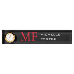 Modern Minimalist Monogram Initial Plain Red Black Nameplate