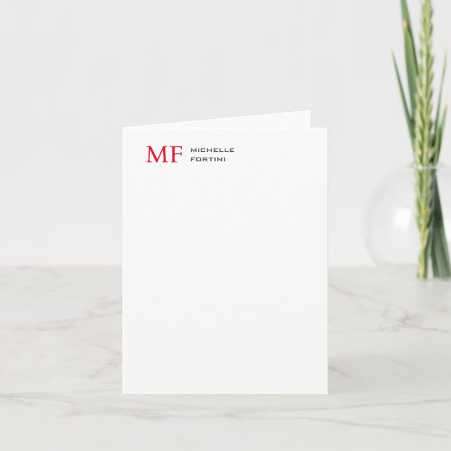 Modern Minimalist Monogram Initial Plain Red White Note Card (Front)