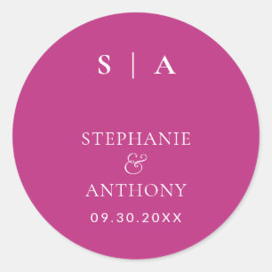 Modern Minimalist Monogram Magenta, White Wedding Classic Round Sticker