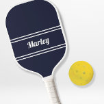 Modern Minimalist Monogram Name Blue White Sports Pickleball Paddle<br><div class="desc">Custom minimal design features an easy to use template for name or text up to eleven letters in modern script and a double frame border. Script and border are in white on a trendy dark blue background. Colour of background and font are easily changed with the Zazzle design tool section....</div>