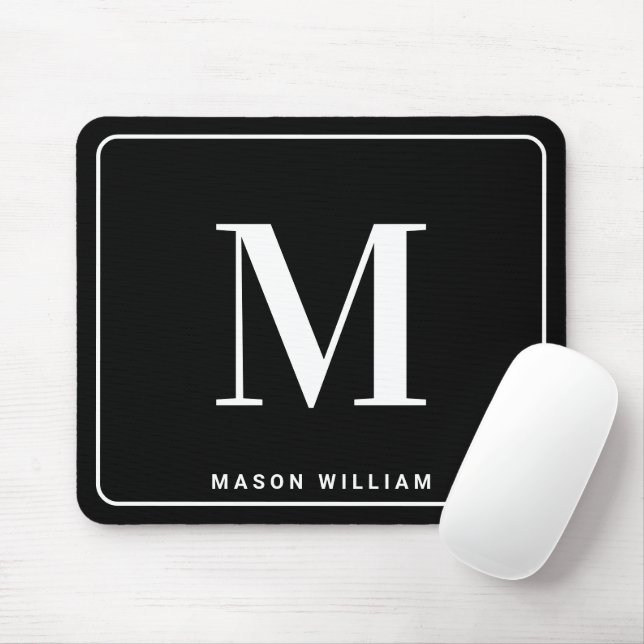 Modern Minimalist Monogram & Name - Stylish Black Mouse Pad (With Mouse)