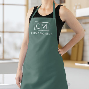 Modern Minimalist Monogram Name Stylish Green Apron