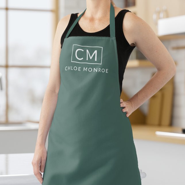 Modern Minimalist Monogram Name Stylish Green Apron (Creator Uploaded)