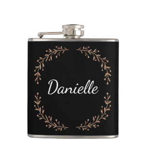 Modern Minimalist Monogram Name w/ Gold Branches Hip Flask