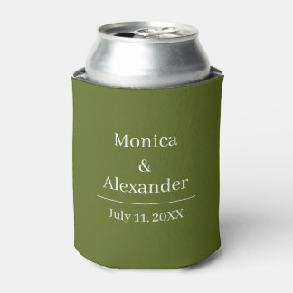 Modern Minimalist Monogram Olive Green Wedding Can Cooler