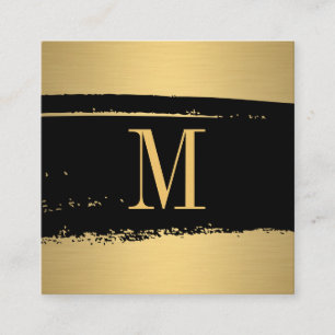 Modern Minimalist Monogram on Black/Gold Brushed Square Business Card