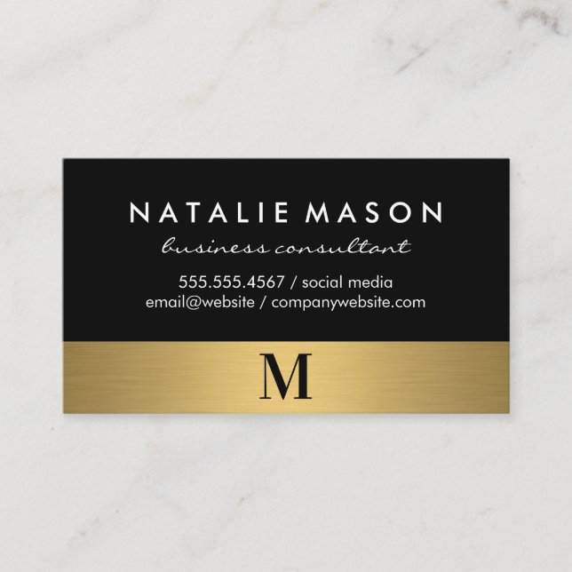 Modern Minimalist Monogram on Black Gold Trim Business Card (Front)