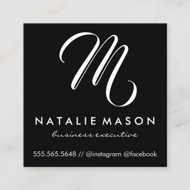 Modern Minimalist Monogram on Black Square Business Card (Front)