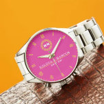 Modern Minimalist Monogram Personalized Wedding An Watch<br><div class="desc">Couple Names Monogram Minimal Style Pink Background, Yellow Roman Numerals Celebrate love with this minimalist custom monogram watch, featuring a soft pink background and elegant yellow Roman numerals. This personalized timepiece is designed for couples who appreciate modern simplicity and timeless elegance. Customizable with your names or initials, it makes an...</div>