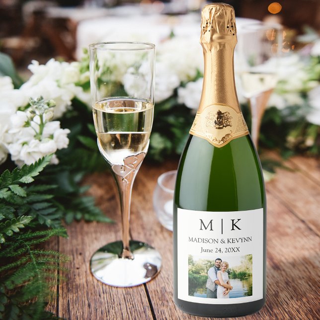 Modern Minimalist Monogram Photo Wedding Sparkling Wine Label (Customize to change text size, color or text style.)