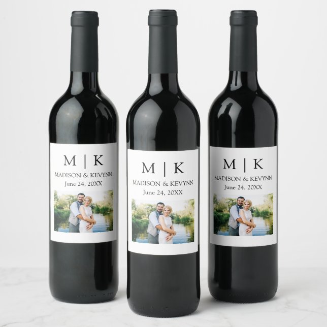 Modern Minimalist Monogram Photo Wedding Wine Label (Bottles)