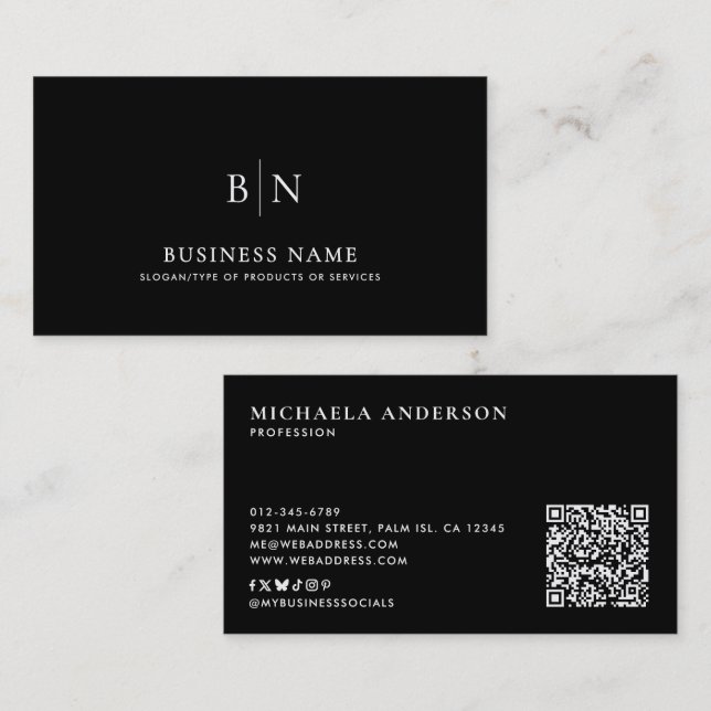 Modern Minimalist Monogram QR Code & Social Media Business Card (Front/Back)