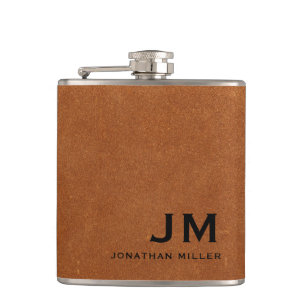Modern Minimalist Monogram Sable Brown Leather Hip Flask