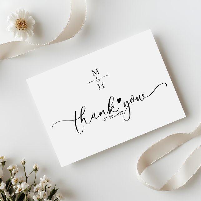 Modern Minimalist Monogram Script Heart Wedding Thank You Card (Creator Uploaded)