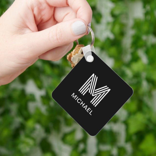 Modern Minimalist Monogram Stylish Black & White Key Ring (Hand)