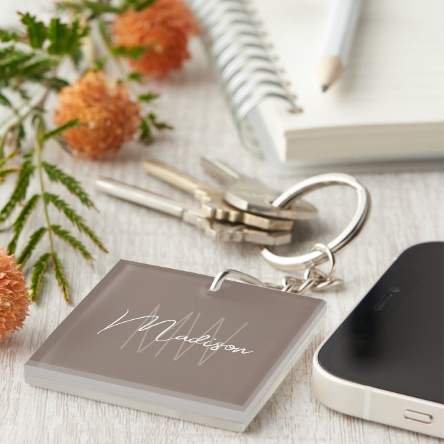 Modern Minimalist Monogram Taupe Script Name Key Ring (Front Right)