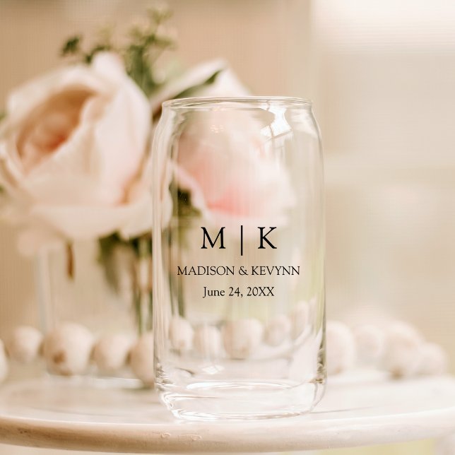 Modern Minimalist Monogram Wedding  Can Glass (Customize to change text color.)