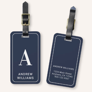 Modern Minimalist Monogram with Name - Navy Blue Luggage Tag