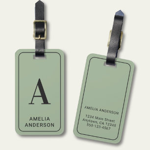 Modern Minimalist Monogram with Name - Sage Green Luggage Tag
