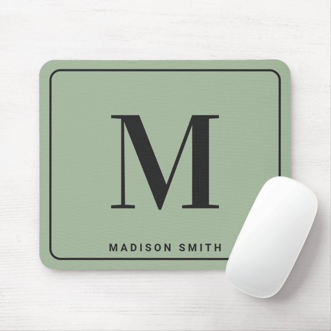 Modern Minimalist Monogram with Name - Sage Green Mouse Pad (With Mouse)