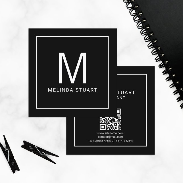 Modern Minimalist Monogram with Qr Code Square Bus Business Card (Creator Uploaded)