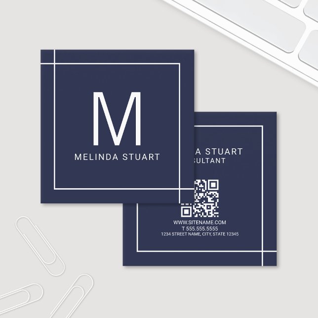 Modern Minimalist Monogram with Qr Code Square Bus Business Card (Creator Uploaded)