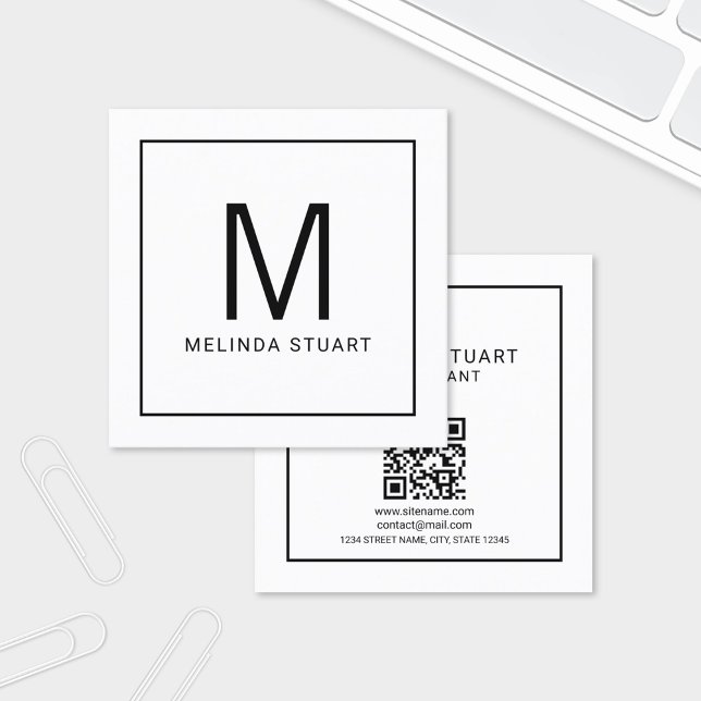 Modern Minimalist Monogram with Qr Code Square Business Card (Creator Uploaded)