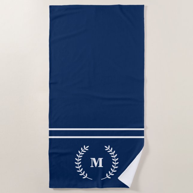 Modern Minimalist Monogrammed Navy Blue Beach Towel (Front)