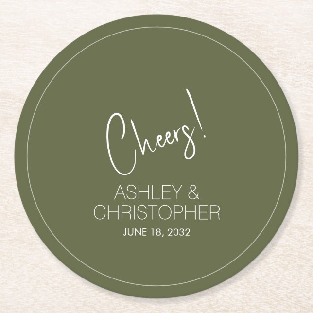 Modern Minimalist Muted Moss Wedding Round Paper Coaster (Front)