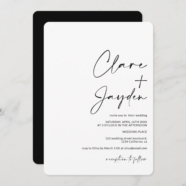 Modern minimalist names calligraphy black wedding invitation (Front/Back)