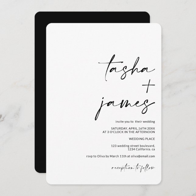 Modern minimalist names calligraphy black wedding invitation (Front/Back)