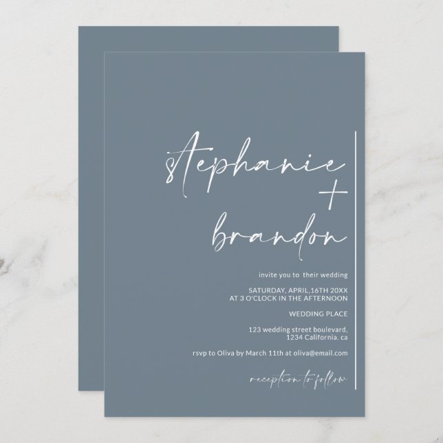 Modern minimalist names calligraphy blue wedding invitation (Front/Back)