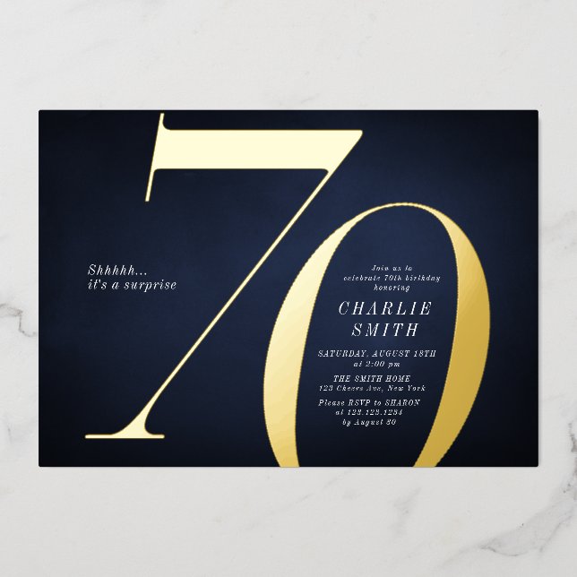 Modern minimalist navy and gold 70th birthday (Front)
