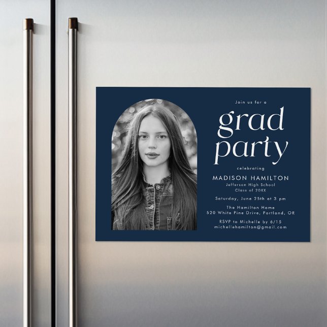 Modern Minimalist Navy Arch Photo Graduation Party Magnetic Invitation (Creator Uploaded)