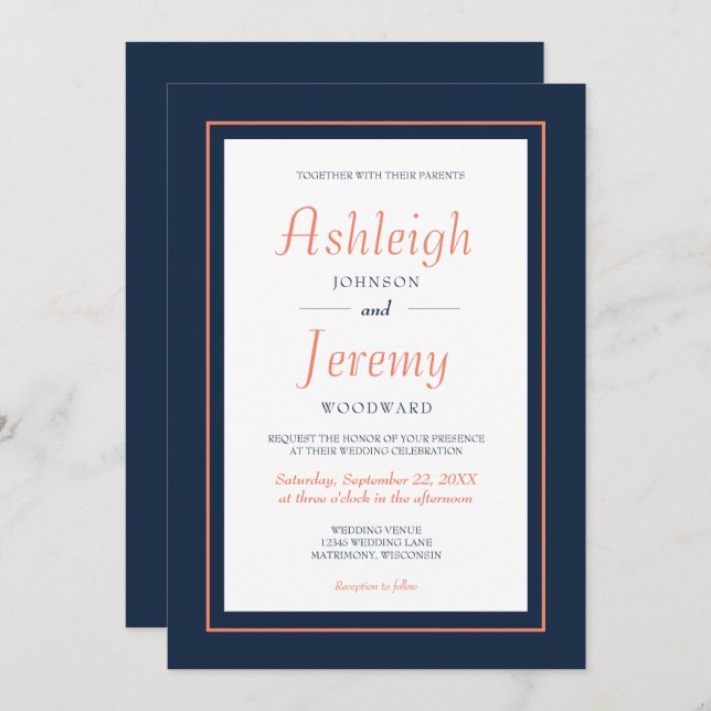 Modern Minimalist Navy Blue and Coral Wedding Invitation (Front/Back)