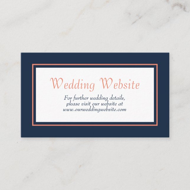 Modern Minimalist Navy Blue Coral Wedding Website Enclosure Card (Front)