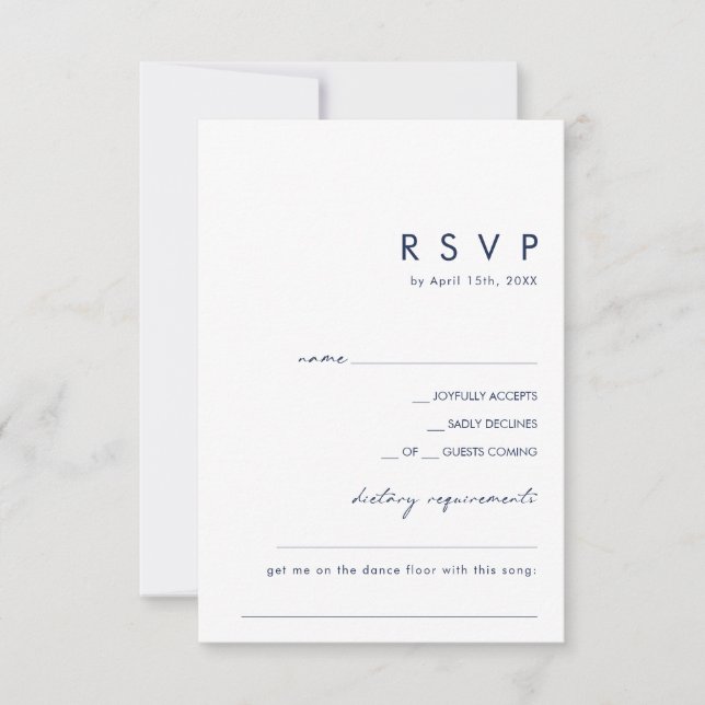 Modern Minimalist Navy Blue Diet/Song Request RSVP Card (Front)