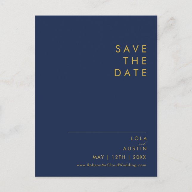 Modern Minimalist Navy Blue | Gold Save The Date Invitation Postcard (Front)