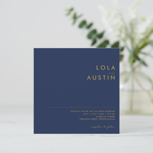 Modern Minimalist Navy Blue | Gold Square Wedding Invitation (Standing Front)