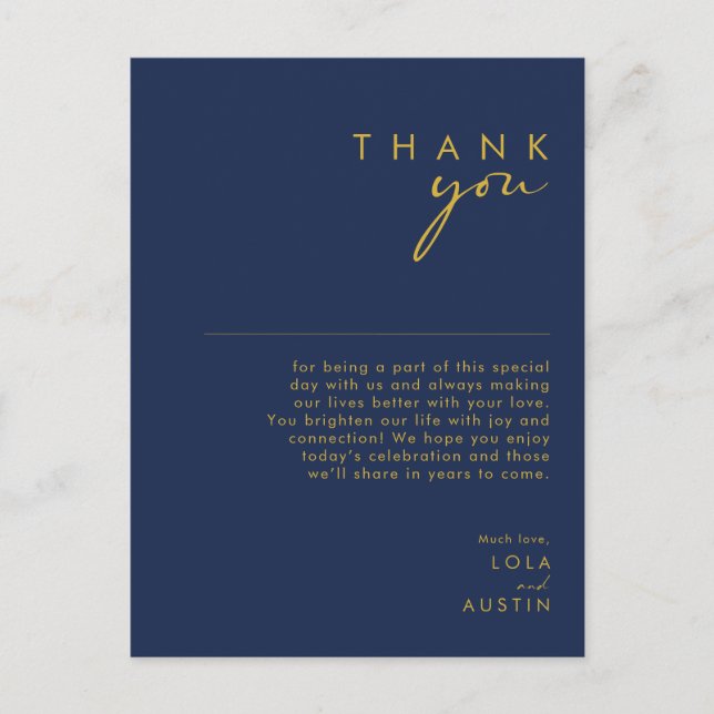 Modern Minimalist Navy Blue | Gold Thank You Card (Front)