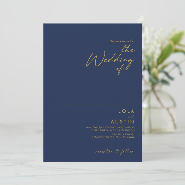 Modern Minimalist Navy Blue | Gold The Wedding Of Invitation (Standing Front)