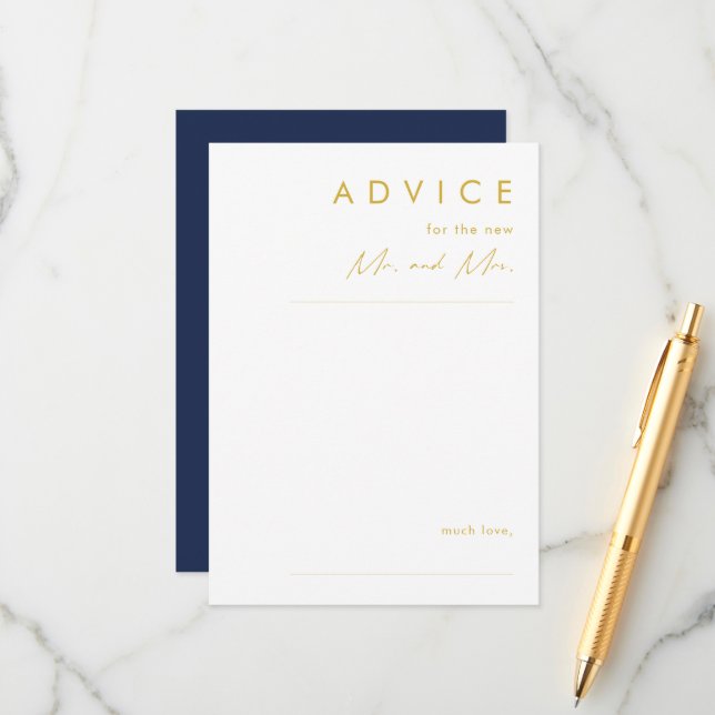 Modern Minimalist Navy Blue | Gold Wedding Advice Card (Front/Back In Situ)