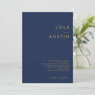 Modern Minimalist Navy Blue Gold Wedding Invitation