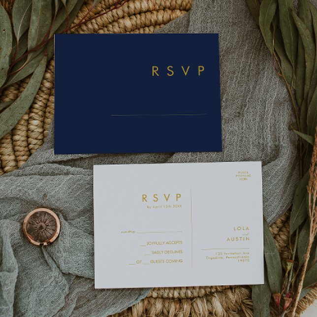 Modern Minimalist Navy Blue | Gold Wedding RSVP Postcard (Creator Uploaded)