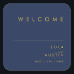 Modern Minimalist Navy Blue | Gold Wedding Welcome Square Sticker<br><div class="desc">This modern minimalist navy blue | gold wedding welcome square sticker is perfect for your classy boho wedding. Its simple, unique abstract design accompanied by a contemporary minimal script and a dark navy blue colour palette gives this product a feel of elegant formal luxury while staying simplistic, chic bohemian. Keep...</div>