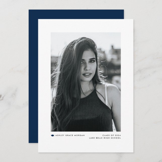 Modern Minimalist Navy Blue Graduation Announcement (Front/Back)