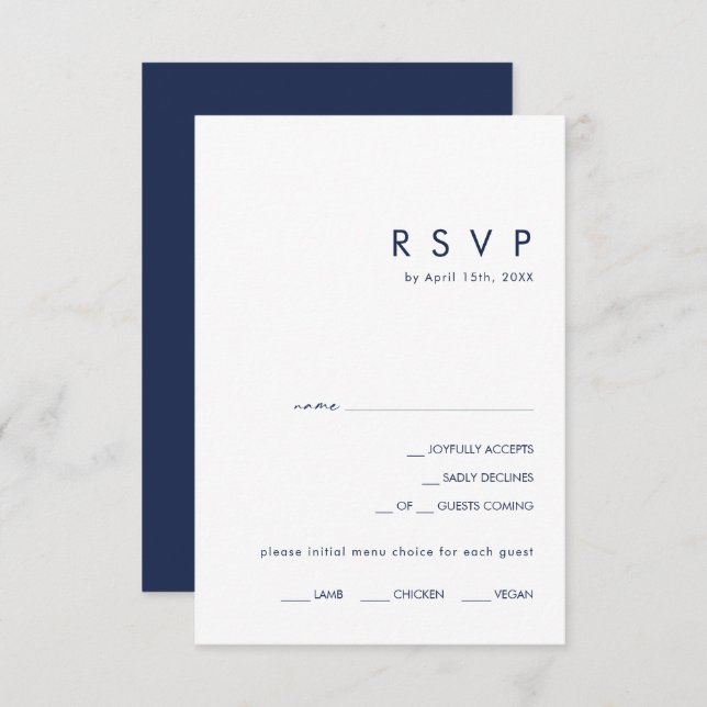 Modern Minimalist Navy Blue Menu Choice RSVP Card (Front/Back)